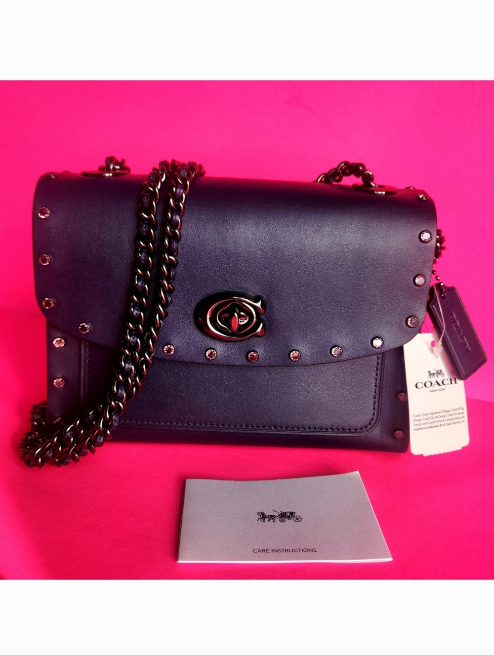 NEW Coach PARKER 18 small Navy Blue purse Bag CRYSTAL RHINESTONE Rivets 35566